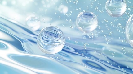Fototapeta na wymiar Hyaluronic acid molecules background. Water with bubbles, moisturiser, liquid, serum or toner banner. Hyaluron acids in chemical laboratory, beauty and cosmetics