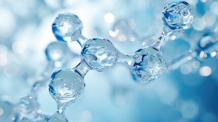 Hyaluronic acid molecules background. Water with bubbles, moisturiser, liquid, serum or toner banner. Hyaluron acids in chemical laboratory, beauty and cosmetics