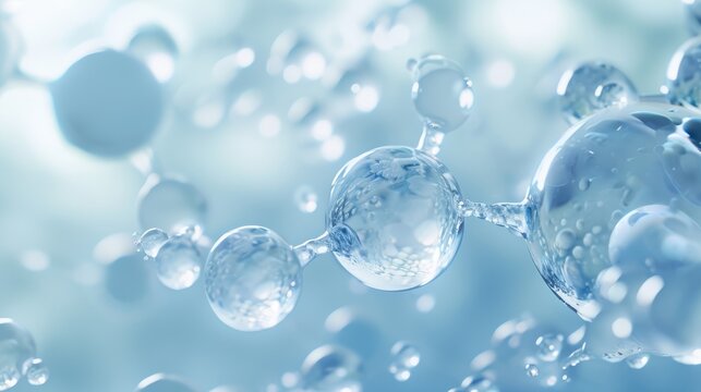 Hyaluronic acid molecules background. Water with bubbles, moisturiser, liquid, serum or toner banner. Hyaluron acids in chemical laboratory, beauty and cosmetics