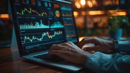 Analyzing Financial Data on a Laptop Screen, Close-up of a businessman's hands typing on a laptop, displaying colorful financial graphs and data analysis