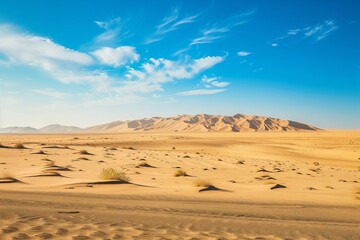 Fototapeta na wymiar Desert. Yellow desert sand to the horizon against the blue sky