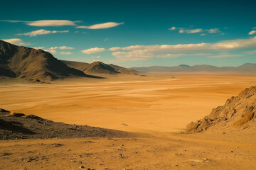 Desert. Yellow desert sand to the horizon against the blue sky