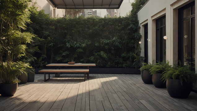 The serene beauty of a vacant outdoor terrace, featuring a minimal style complemented by potted greenery.