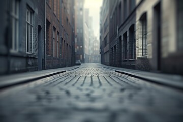 A road going straight between several buildings. - obrazy, fototapety, plakaty