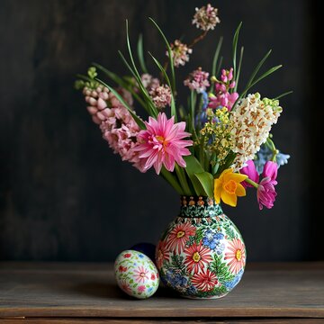 Easter background. Beautiful painted vase with spring bright flowers and Easter eggs in the foreground.