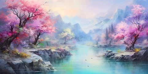 Poster cherry blossom painting Spring blossoming cherry branches with a river On the picture bright blue white clouds Cherry blossoms and misty forest on the mountain © Rassamee