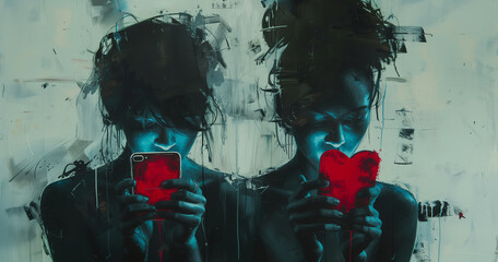 Painting of two women holding up their phones with red heart valentine new concept