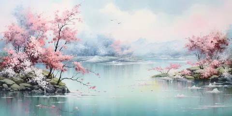 Foto op Aluminium cherry blossom painting Spring blossoming cherry branches with a river On the picture bright blue white clouds Cherry blossoms and misty forest on the mountain © Rassamee