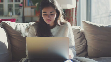 Naklejka premium attractive young woman working working with laptop on couch