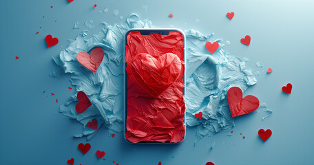 Smart phone with red heart on blue background valentine new concept