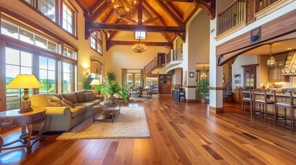 Beautiful and large living room interior with hardwood floors and vaulted ceiling in new luxury home. View of Kitchen, entryway, and second story loft style area - obrazy, fototapety, plakaty