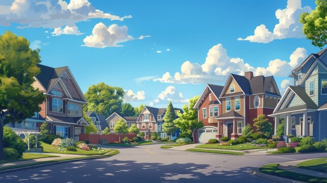 A perfect neigh bourhood. Houses in suburb at Summer in the north America. Luxury houses with nice landscape.