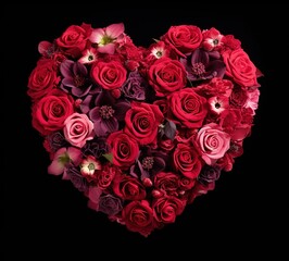 The arrangement of roses forms a heart on a black background