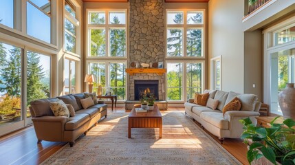 Beautiful living room interior with hardwood floors and fireplace in new luxury home. Large bank of windows hints at exterior view