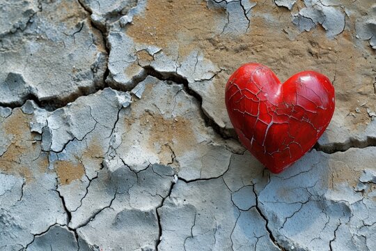 Cracked plaster with red heart image.