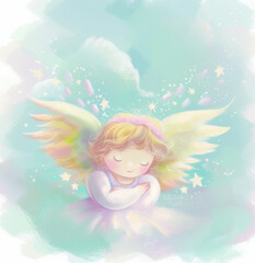 Delicate illustration of a sleeping fairy angel child with colorful wings, surrounded by a magical floral garden. Easter poster.
