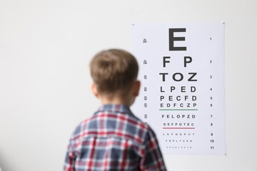Eyesight examination. Little boy looking at vision test chart indoors, back view