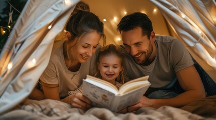 Obraz na płótnie Canvas family, hygge and people concept - happy mother, father and little daughter reading book with torch light in kids tent at night at home