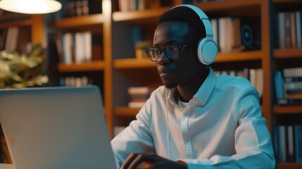 Focused young african businessman wear headphones study online watching webinar podcast on laptop listening learning education course conference calling make notes sit at work desk, elearning concept - obrazy, fototapety, plakaty