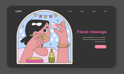 Facial massage essentials illustration. A detailed visual guide to facial self-care with beauty tools and oils, encapsulating a spa-like experience at home. Flat vector illustration