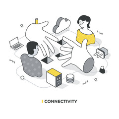 Connectivity isometric illustration. Hands and people symbolize global cooperation in a digital world with laptops and internet connections showing a shared online network. Teamwork and support