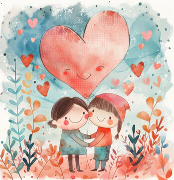 Artistic cute illustration of a couple surrounded by heart-shaped foliage and heart balloon for Valentine's Day. Love concept postcard.