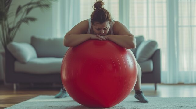 Focused Woman Resting on Fitness Ball, contemplative woman rests on a red exercise ball in a serene home setting, reflecting on her fitness journey with determination and resilience