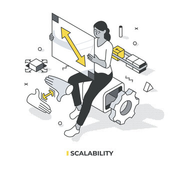 Scalability. A woman holds a panel with a two-headed arrow that represents the flexible and adaptable model of business and technology. Isometric linear illustration. Metaphor