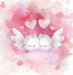 Artistic cute watercolor illustration about love heart-shaped  and angels for Valentine's Day. Love concept postcard.