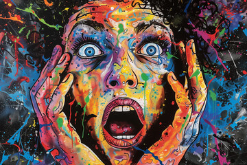 overwhelmed woman's face screaming with open mouth and swirling paint colours