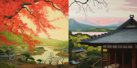 Japanese landscape Cherry blossom branches, mountains, rivers, castles, countryside, watercolor illustrations