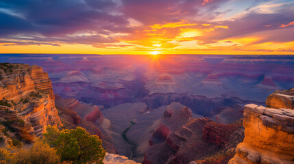 A photo of the Grand Canyon, with layered rock formations as the background, during a vibrant sunset