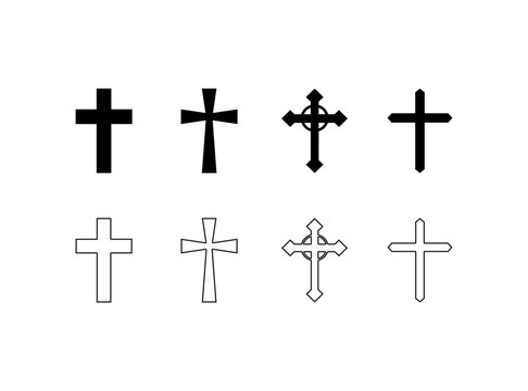 Cross icon set. Divine cross. Silhouette and linear style. Vector icons
