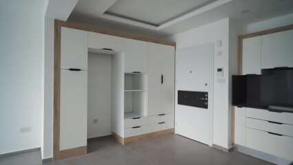Modern apartment tour, spacious unfurnished interior with built-in storage, kitchen in upscale urban development, real estate agency, interior design marketing, furniture staging companies.