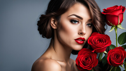 Fototapeta na wymiar Portrait of beautiful young woman with red rose flowers. Brunette girl with makeup and manicure.
