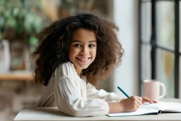 Happy african American little girl with curly hair sitting at the table, writing and doing homework