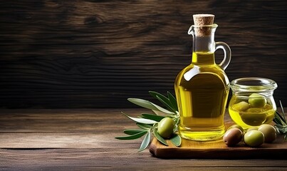 Obraz na płótnie Canvas A Bottle of Olive Oil Next to Fresh, Green Olives