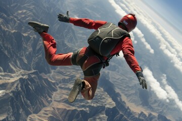 Skydiver in freefall high up in the air.