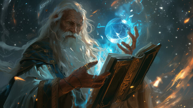 a drawing illustration of a old ice magic wizard man with long grey hair and white beard holding a magical book and using freeze sphere spells. background wallpaper