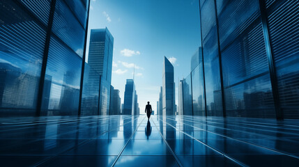 A person stands in a hallway between two tall buildings, creating an abstract business and finance background.