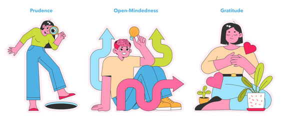 Character Strengths trio. A cautious explorer, a thinker embracing new ideas, and a heartfelt nurturer expressing thanks. Portraits of wisdom, innovation, and thankfulness. Vector illustration.