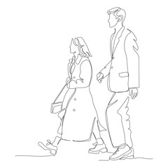 Young couple walking. Side view. Wear coat and suit. Continuous line drawing. Hand drawn black and white vector illustration in line art style.
