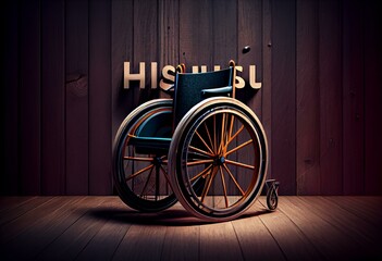 Wheelchair, disabled sign isolated on wooden background, copy space. 3d illustration. Generative AI