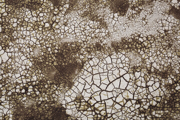 Weathered rough painted surface with patterns of cracks and peeling. Panoramic texture for background and design. Old cracked paint on the concrete wall. Cracked and peeling weathered paint. 