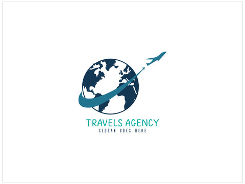 Travel agency vector logo image with airplane and earth. Vector illustration