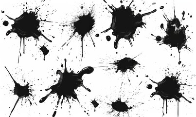 Black grunge splatters for your design. Abstract painted background templates. Big set of grungy splashes