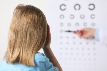 Ophthalmologist testing little girl's vision in clinic, back view