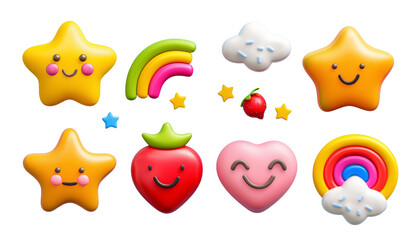 A set of beautiful plasticine stickers. Star, rainbow, strawberry, cloud, heart. 3D effect.