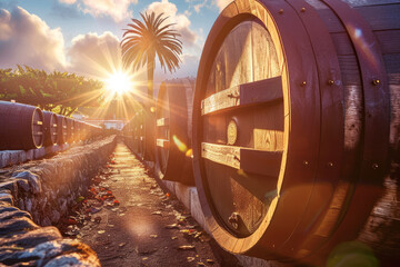 large oak barrels for aging wine lie in rows outdoors in the sunshine