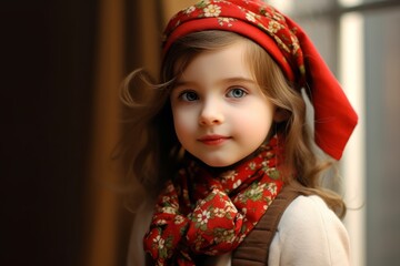 Portrait of a cute little girl in a red hat and scarf.
